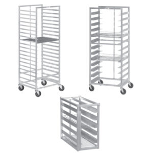 An image of basket racks and donut screen racks from Channel Manufacturing.