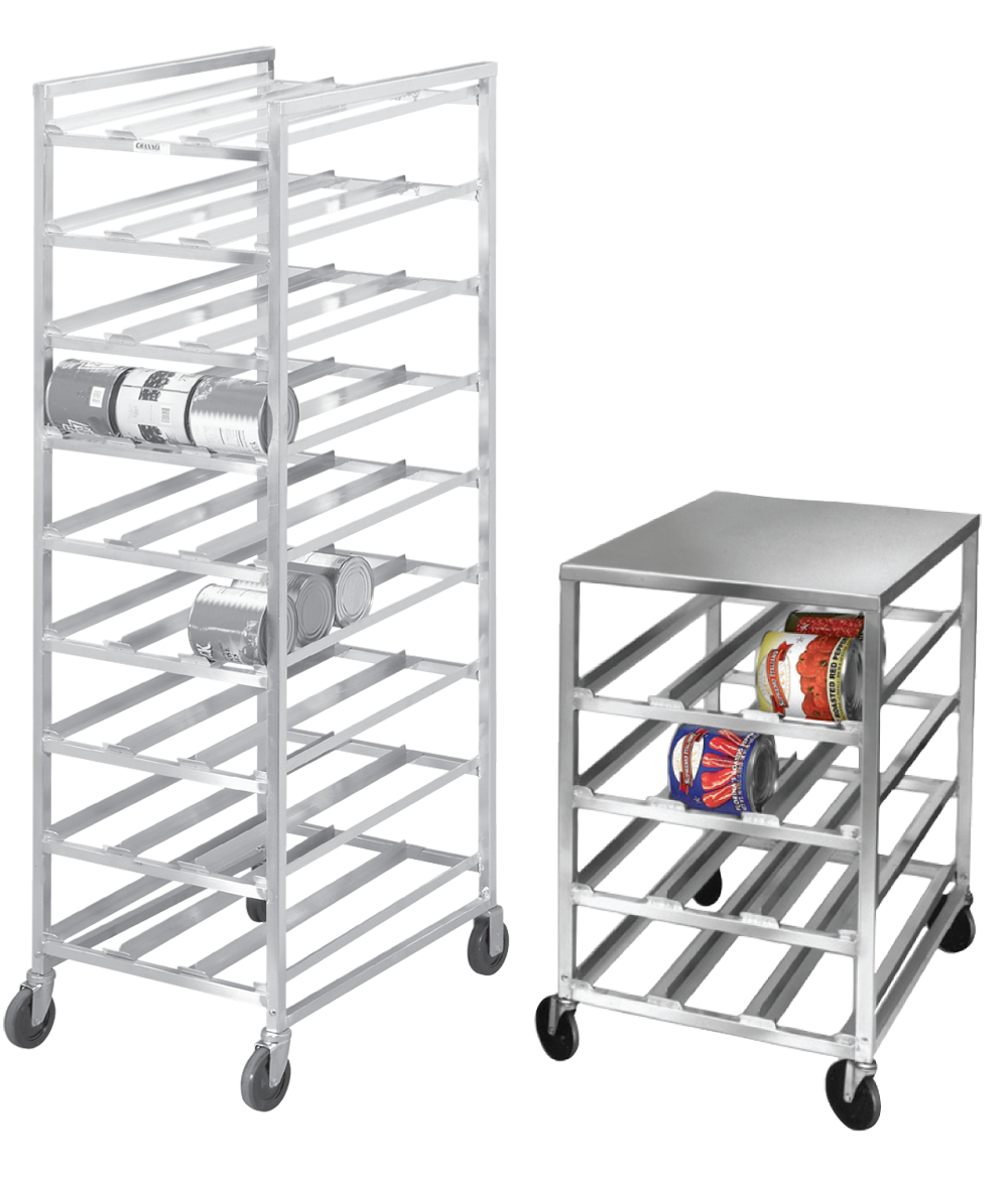 An image of custom can storage racks built by Channel Manufacturing that links to the online foodservice product catalog.