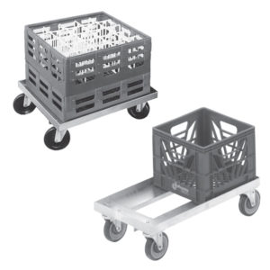 An image of milk crate dollies and glass dollies available for commercial kitchens from Channel Manufacturing.